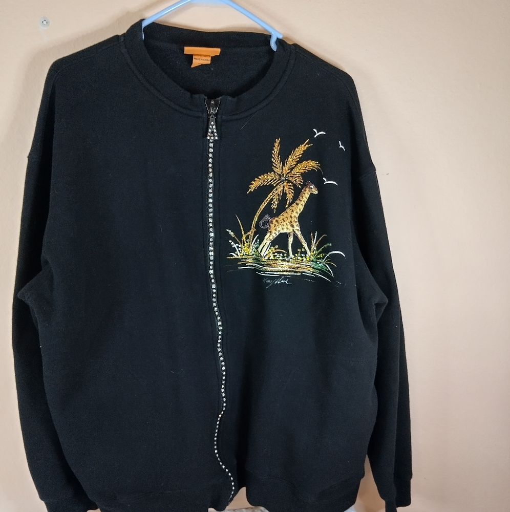 Aces Design Women's black zip up sweater jeweled front Size XXL